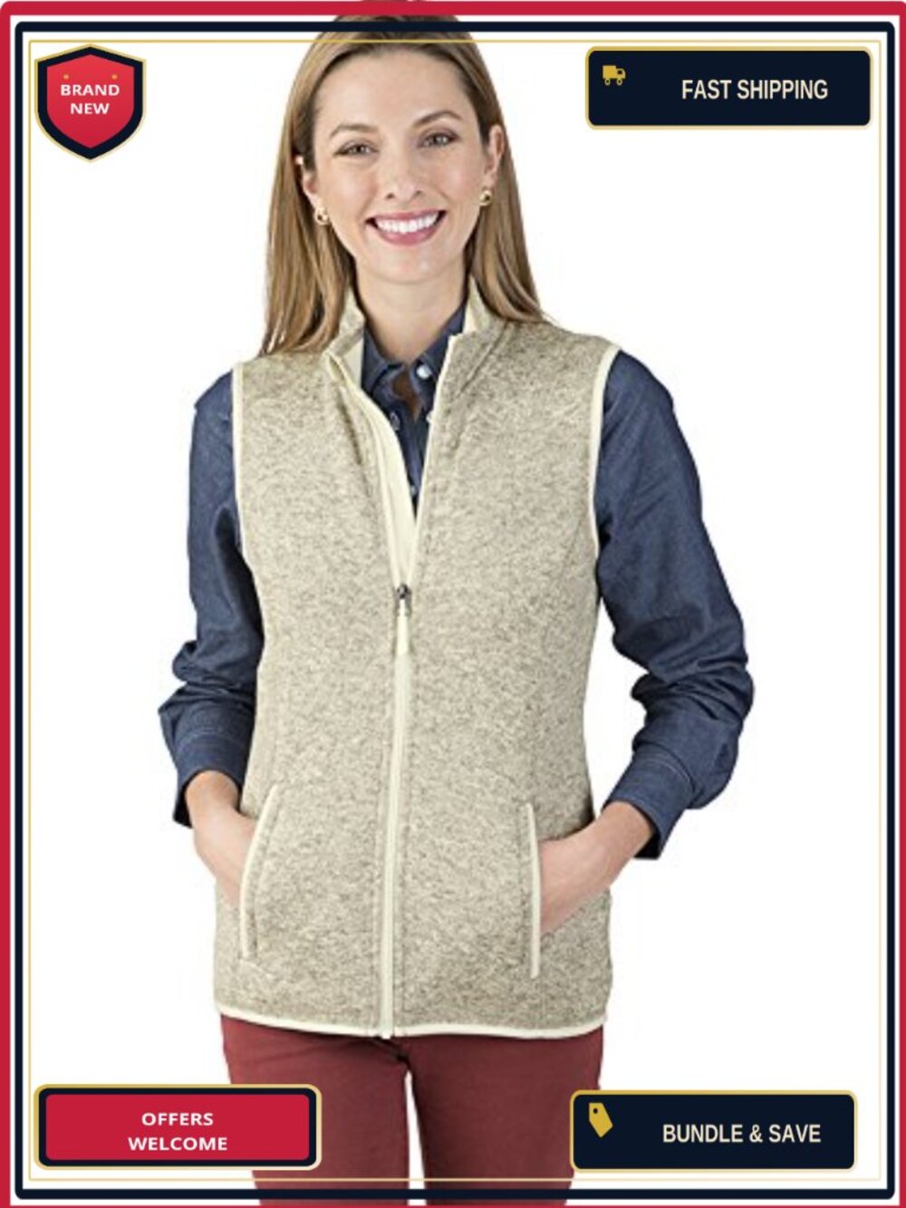 Quilted Sleeveless Zip-Up Vest with Wind Flap & Pockets